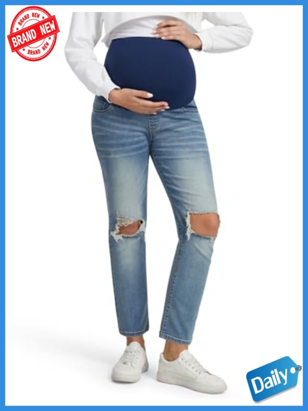 Ripped Maternity Jeans Full Belly Panel Stretch Denim Straight Leg